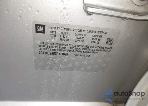 2016 Chevrolet Impala 1Lt z USA, uszkodzony, nr VIN 2G1105SA6G9171626